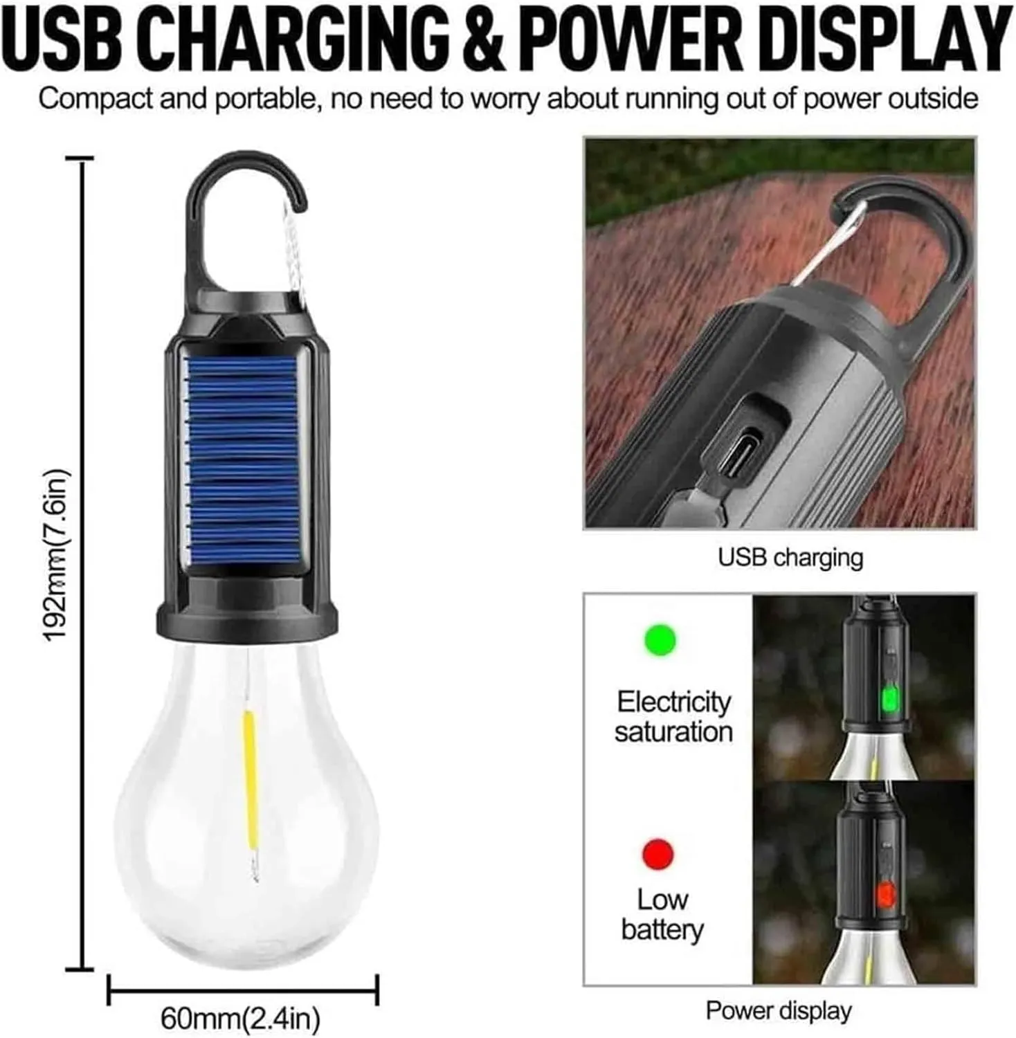 Solar Rechargeable Hooked Camping Light, Solar Tent Lights USB Rechargeable Camping Lights, Camping Lantern Rechargeable Solar, Rechargeable LED Light Bulb(01,5pcs)