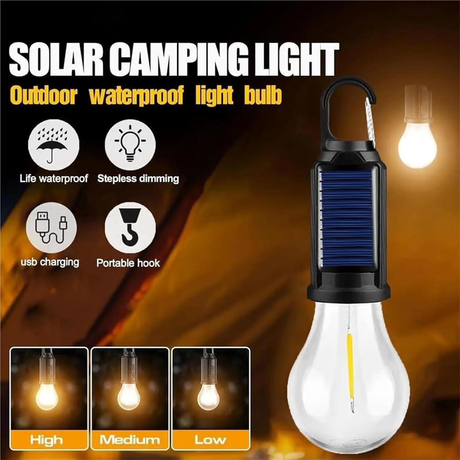 Solar Rechargeable Hooked Camping Light, Solar Tent Lights USB Rechargeable Camping Lights, Camping Lantern Rechargeable Solar, Rechargeable LED Light Bulb(02,5pcs)