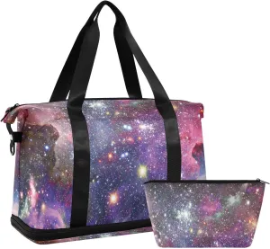 Space Galaxy Universe with Glare Stars in Purple Pink Dark Blue Foldable Travel Bag, Camping Luggage bag, Portable Gym Bag, Sports Bag, Toiletry Bag with Handles Adjustable Shoulder Strap