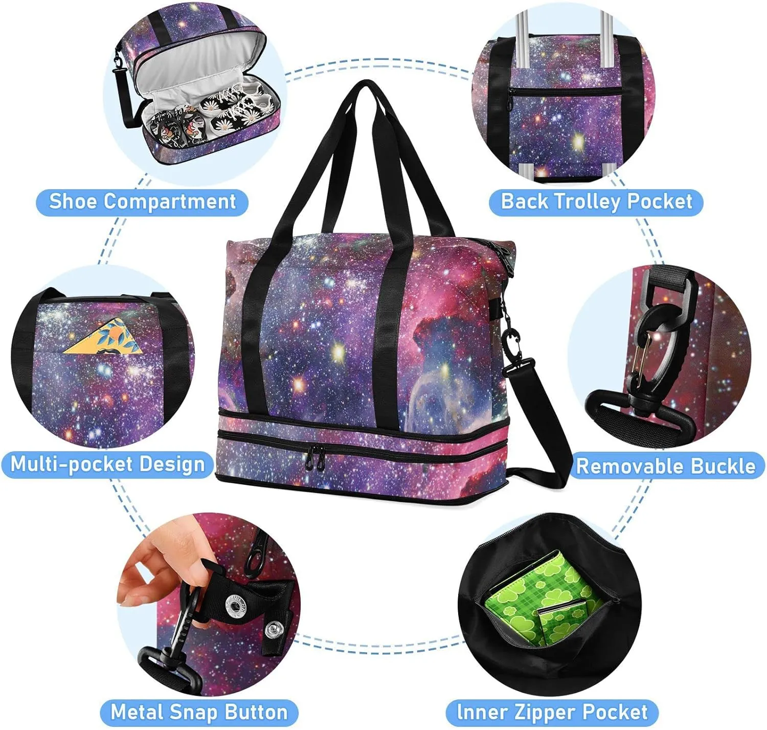 Space Galaxy Universe with Glare Stars in Purple Pink Dark Blue Foldable Travel Bag, Camping Luggage bag, Portable Gym Bag, Sports Bag, Toiletry Bag with Handles Adjustable Shoulder Strap