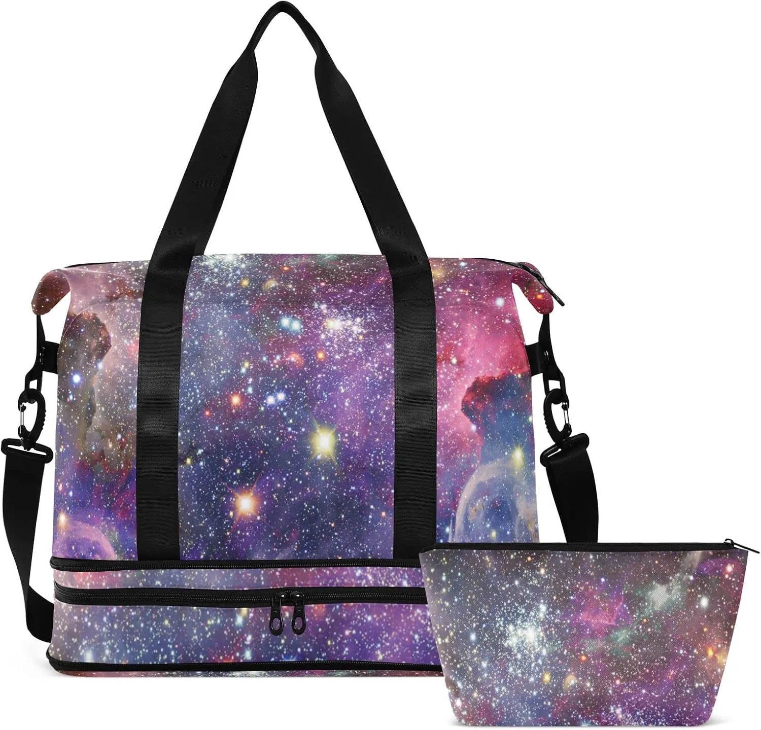 Space Galaxy Universe with Glare Stars in Purple Pink Dark Blue Foldable Travel Bag, Camping Luggage bag, Portable Gym Bag, Sports Bag, Toiletry Bag with Handles Adjustable Shoulder Strap