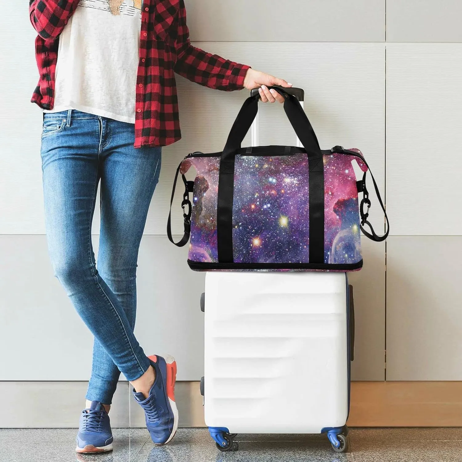 Space Galaxy Universe with Glare Stars in Purple Pink Dark Blue Foldable Travel Bag, Camping Luggage bag, Portable Gym Bag, Sports Bag, Toiletry Bag with Handles Adjustable Shoulder Strap