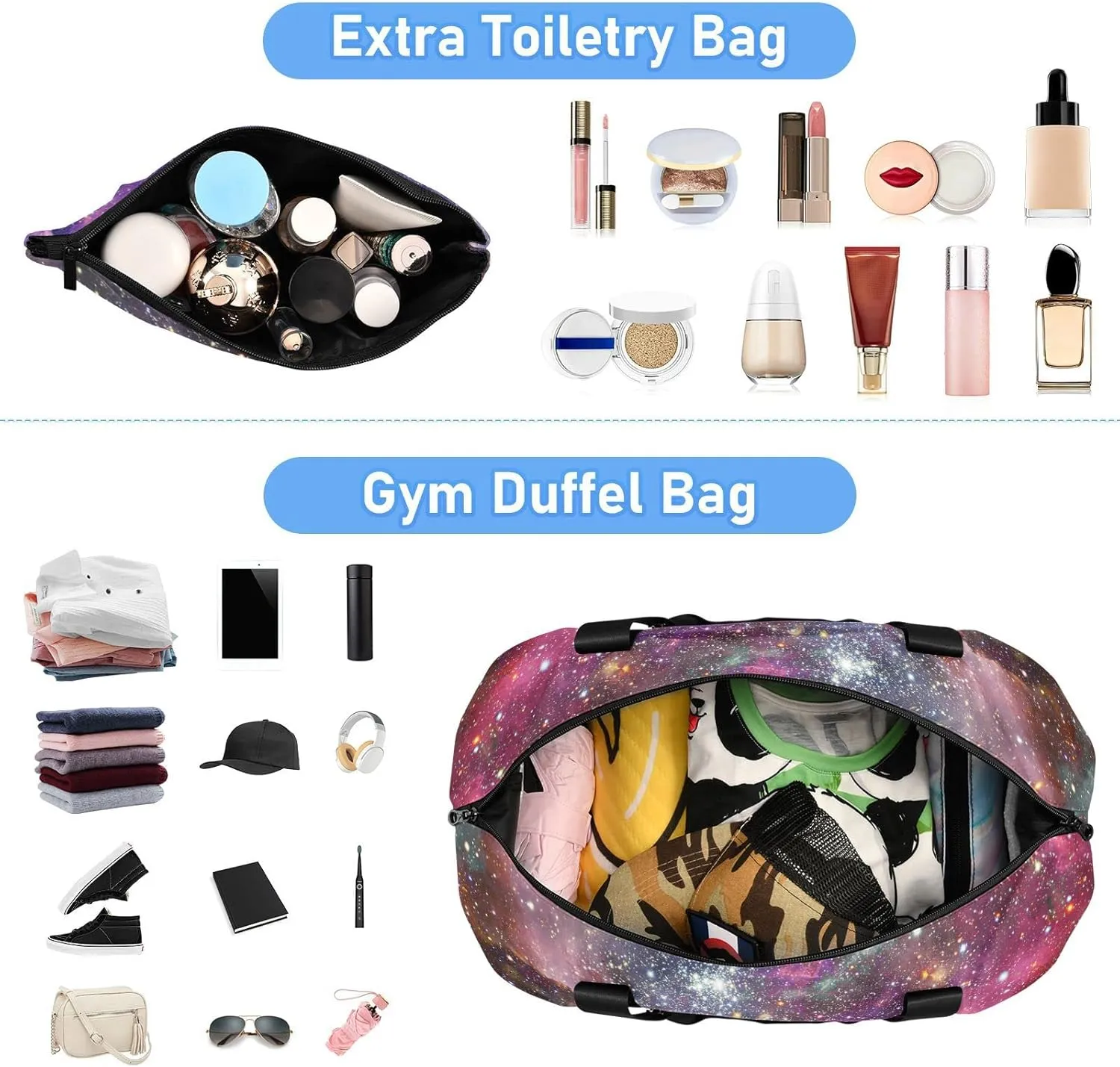 Space Galaxy Universe with Glare Stars in Purple Pink Dark Blue Foldable Travel Bag, Camping Luggage bag, Portable Gym Bag, Sports Bag, Toiletry Bag with Handles Adjustable Shoulder Strap