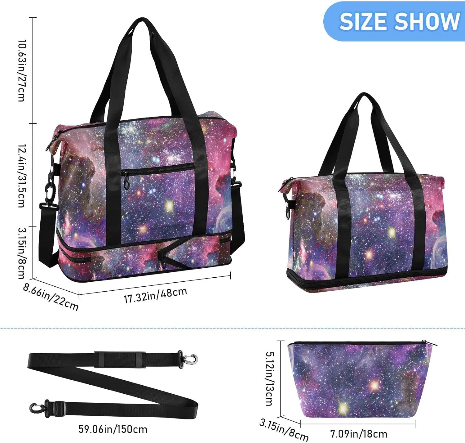 Space Galaxy Universe with Glare Stars in Purple Pink Dark Blue Foldable Travel Bag, Camping Luggage bag, Portable Gym Bag, Sports Bag, Toiletry Bag with Handles Adjustable Shoulder Strap