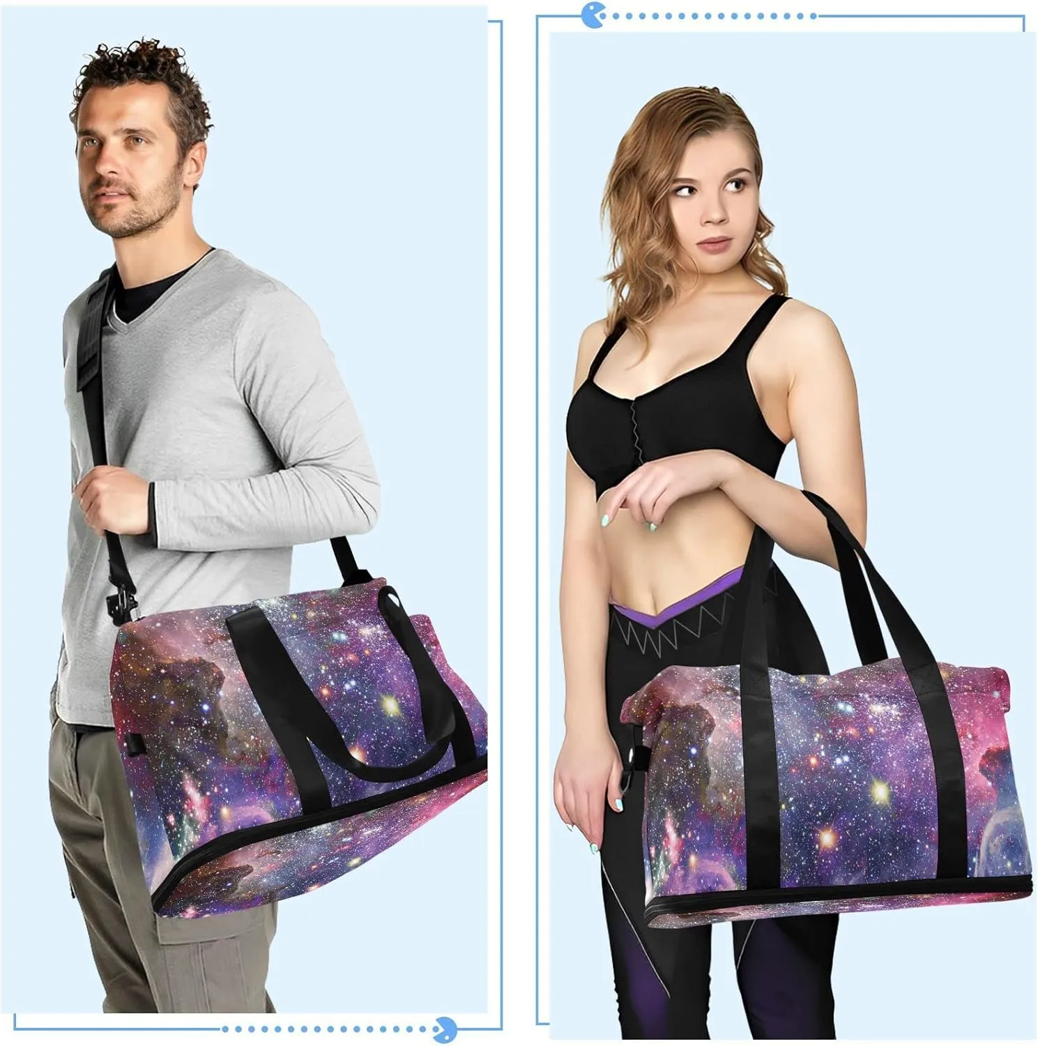 Space Galaxy Universe with Glare Stars in Purple Pink Dark Blue Foldable Travel Bag, Camping Luggage bag, Portable Gym Bag, Sports Bag, Toiletry Bag with Handles Adjustable Shoulder Strap