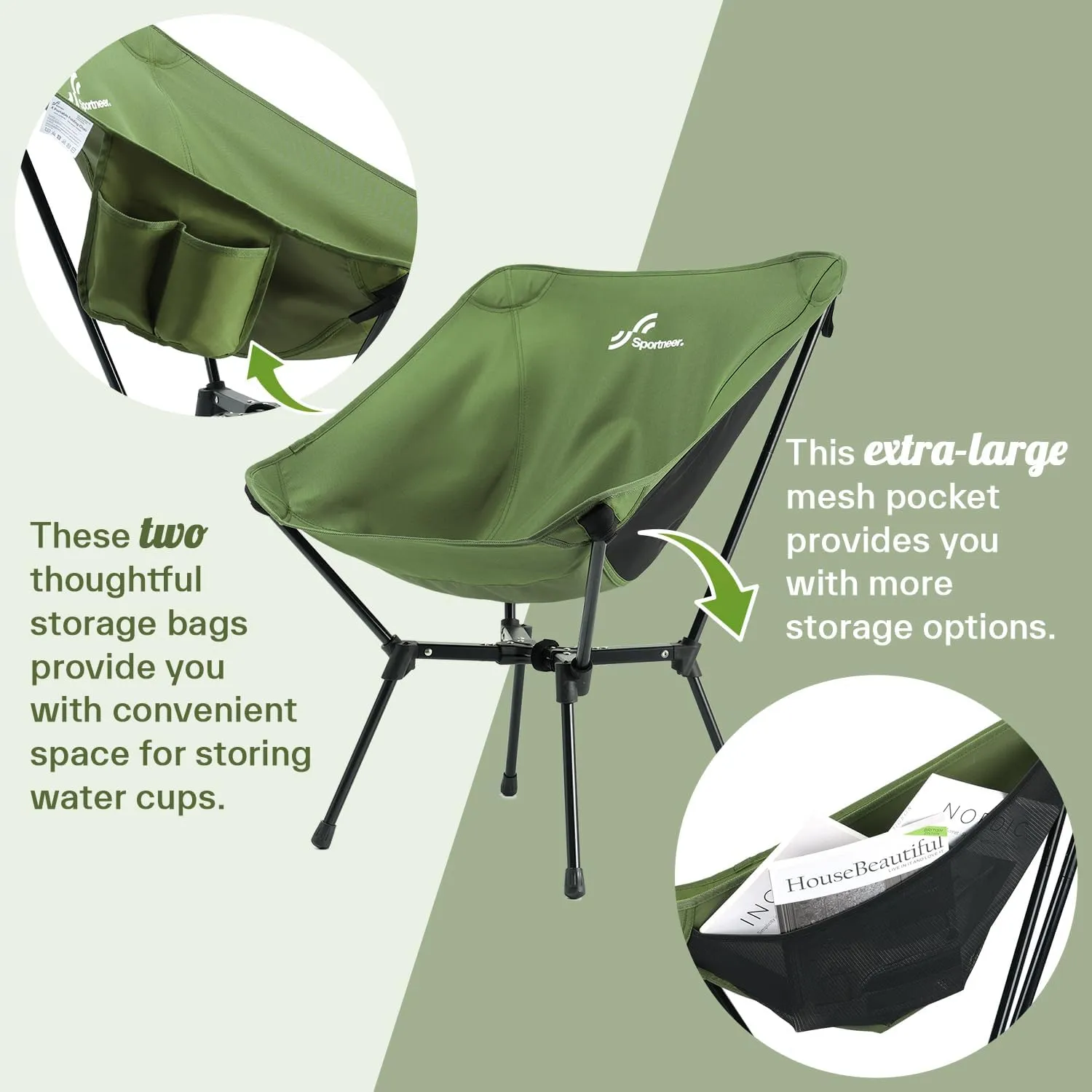 Sportneer Camping Chairs, Lightweight Outdoor Chairs with 2 Side Pockets & Storage Bag, Foldable & Portable Lawn Chairs for Camping Hiking Lawn Picnic Beach Outdoor Travel (1, Green(X Shape))