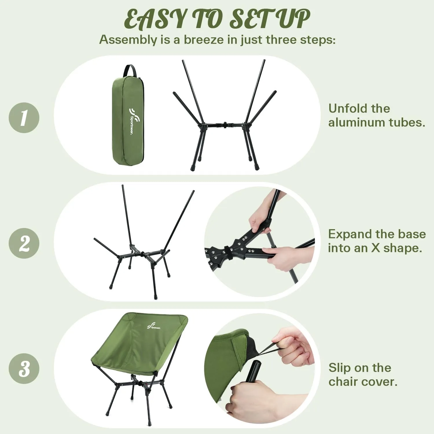Sportneer Camping Chairs, Lightweight Outdoor Chairs with 2 Side Pockets & Storage Bag, Foldable & Portable Lawn Chairs for Camping Hiking Lawn Picnic Beach Outdoor Travel (1, Green(X Shape))