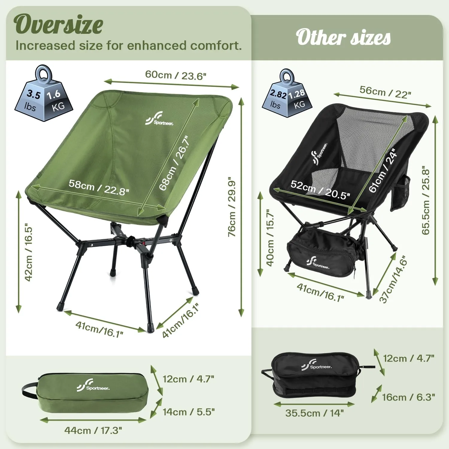 Sportneer Camping Chairs, Lightweight Outdoor Chairs with 2 Side Pockets & Storage Bag, Foldable & Portable Lawn Chairs for Camping Hiking Lawn Picnic Beach Outdoor Travel (1, Green(X Shape))