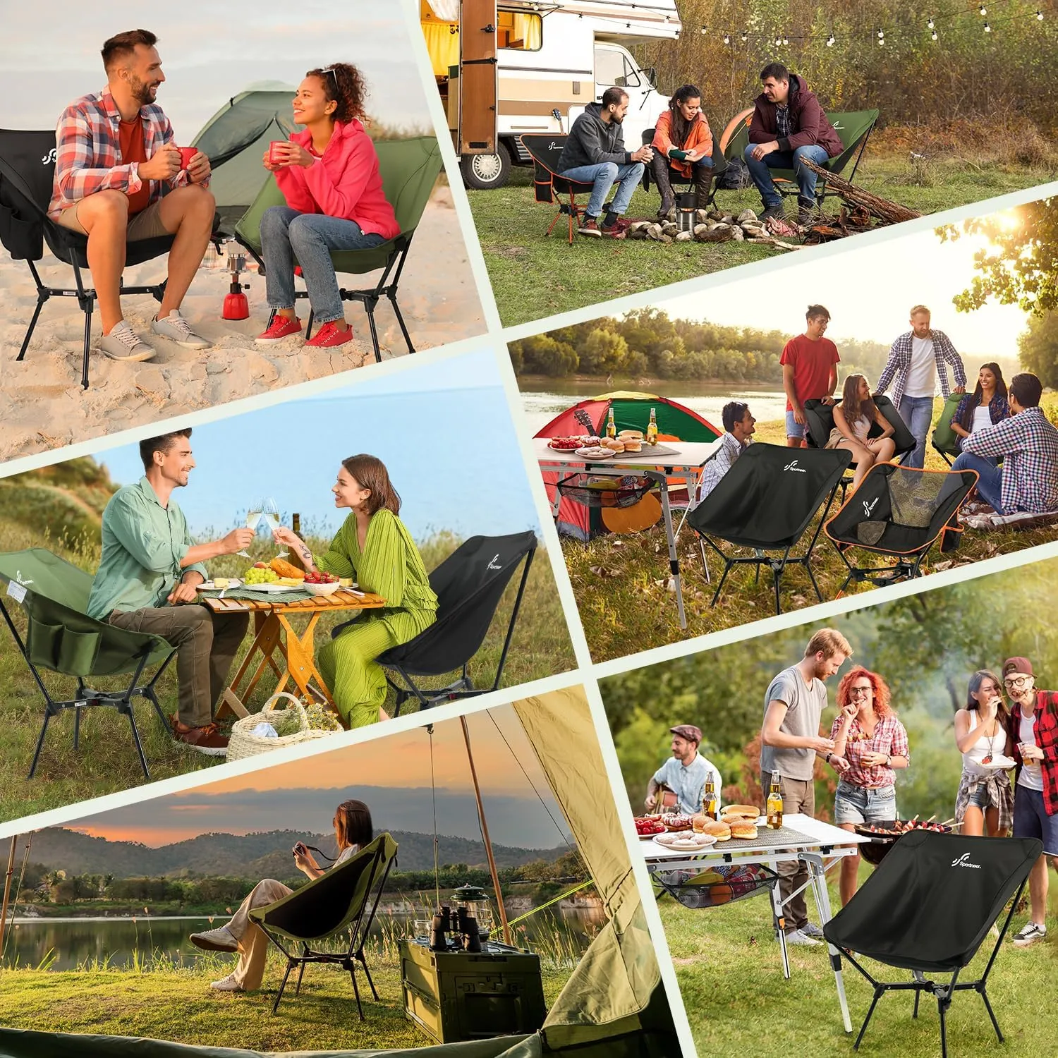 Sportneer Camping Chairs, Lightweight Outdoor Chairs with 2 Side Pockets & Storage Bag, Foldable & Portable Lawn Chairs for Camping Hiking Lawn Picnic Beach Outdoor Travel (1, Green(X Shape))