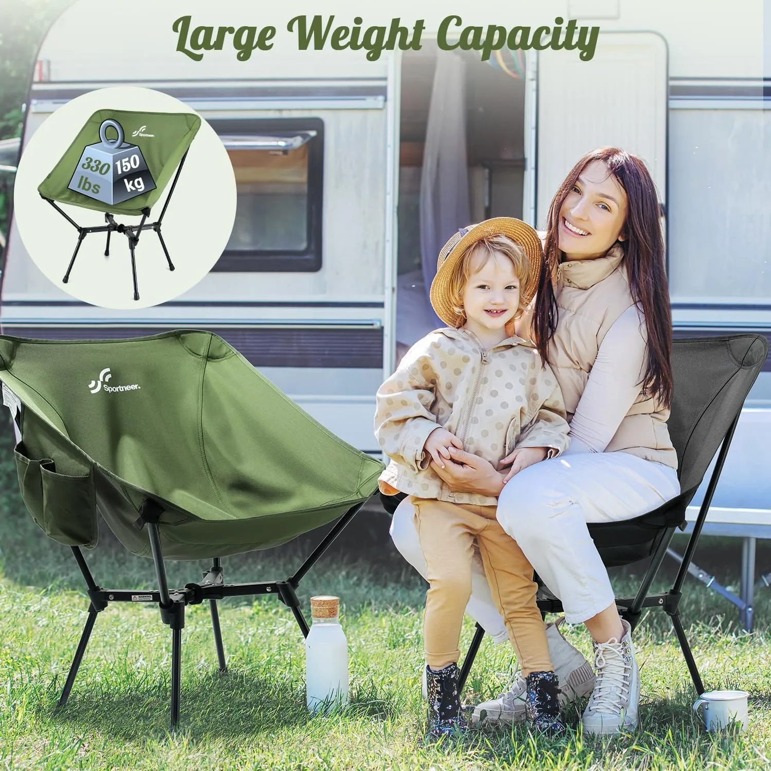 Sportneer Camping Chairs, Lightweight Outdoor Chairs with 2 Side Pockets & Storage Bag, Foldable & Portable Lawn Chairs for Camping Hiking Lawn Picnic Beach Outdoor Travel (1, Green(X Shape))