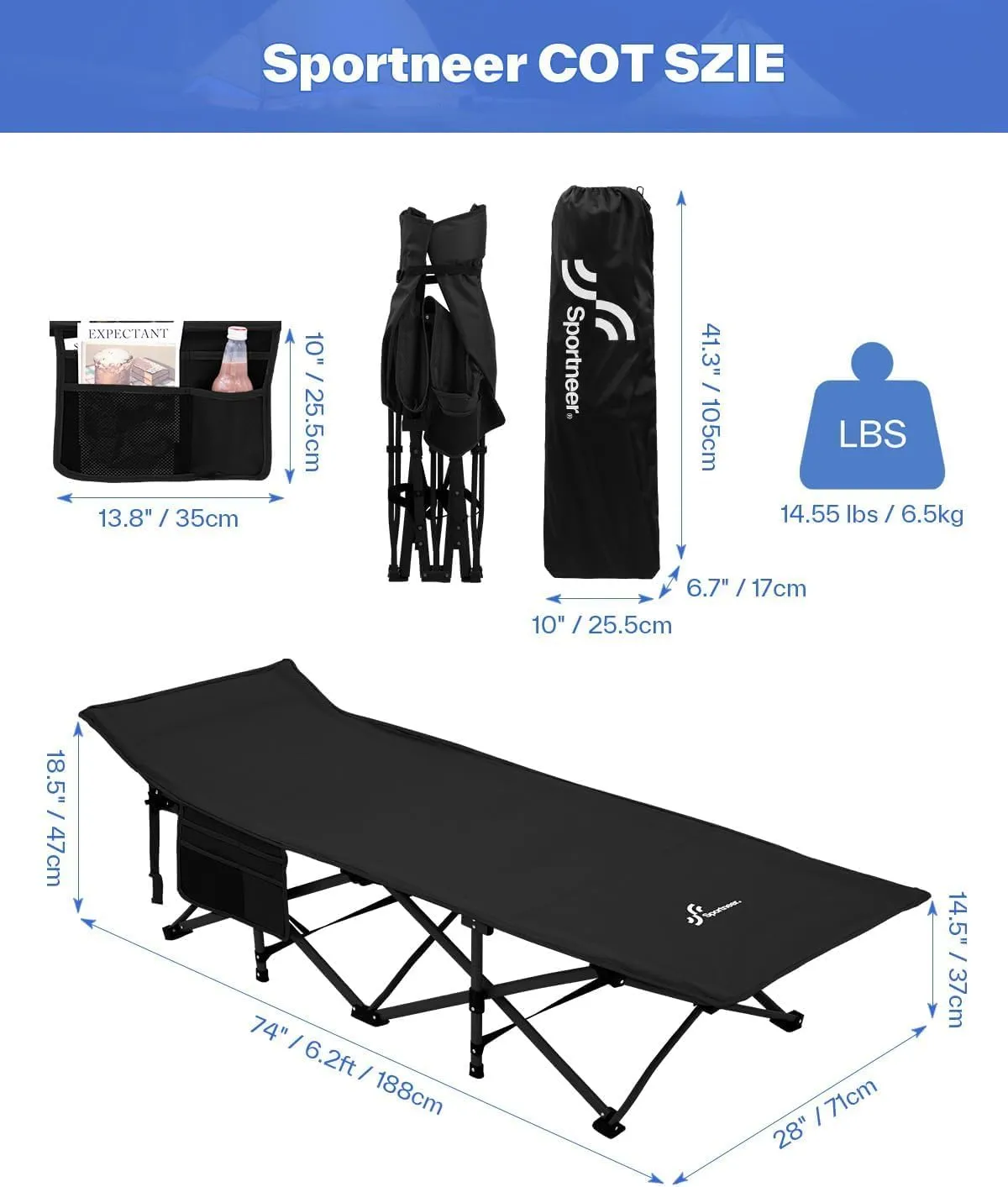 Sportneer Camping Cots for Adults: 1200D Double Layer Oxford Camping Cot with 2 Side Pockets - Heavy-Duty Comfort Cot Bed for Camping Travel Tent Day Outdoor & Home Guest, Ease of Setup
