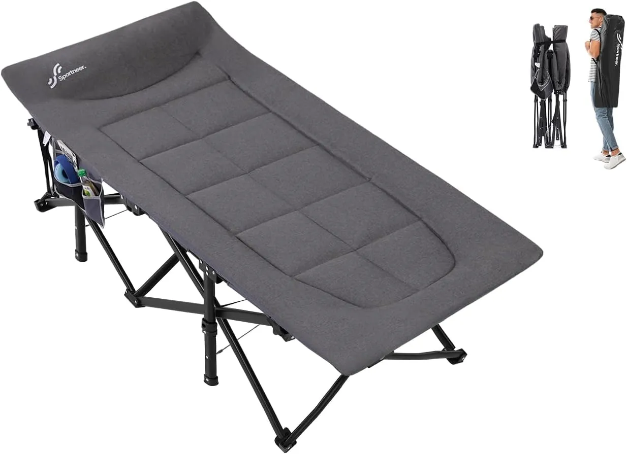 Sportneer Camping Cots for Adults, Sleeping Cot with Cushion Max Load 450 LBS Heavy Duty Folding Camping Sleeping Cot with Padded for Camping Tent Office Sleep Over (Grey, 79" Lx31 Wx20 H)