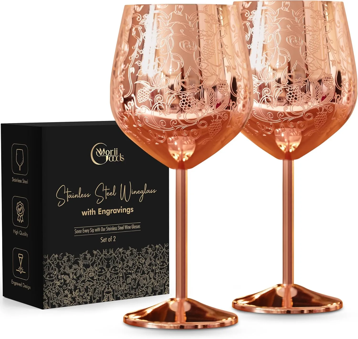Stainless Steel Wine Glasses - Set of 2 Etched, Unbreakable Rose Gold for Travel, Camping and Pool - Fancy Glasses for Women and Men