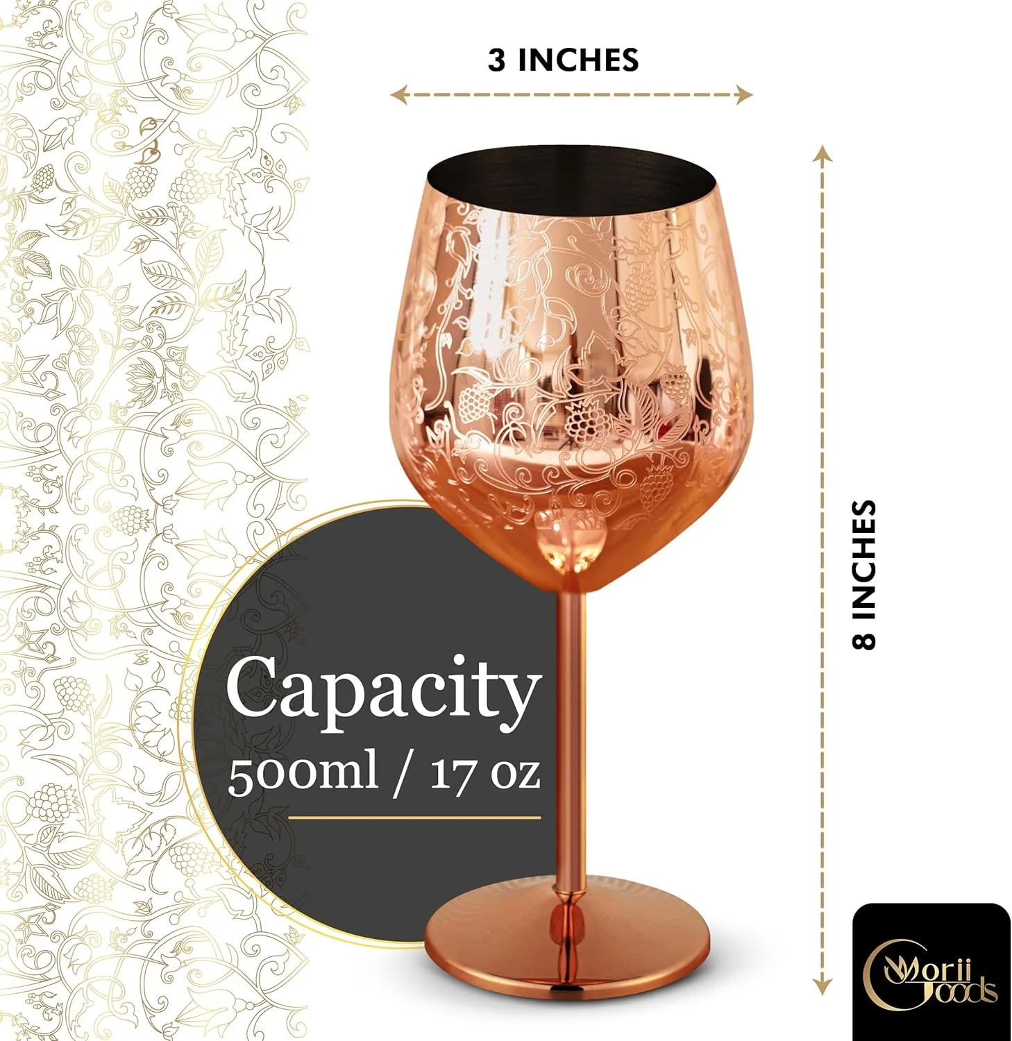 Stainless Steel Wine Glasses - Set of 2 Etched, Unbreakable Rose Gold for Travel, Camping and Pool - Fancy Glasses for Women and Men