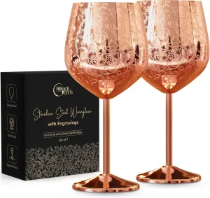 Stainless Steel Wine Glasses - Set of 2 Etched, Unbreakable Rose Gold for Travel, Camping and Pool - Fancy Glasses for Women and Men