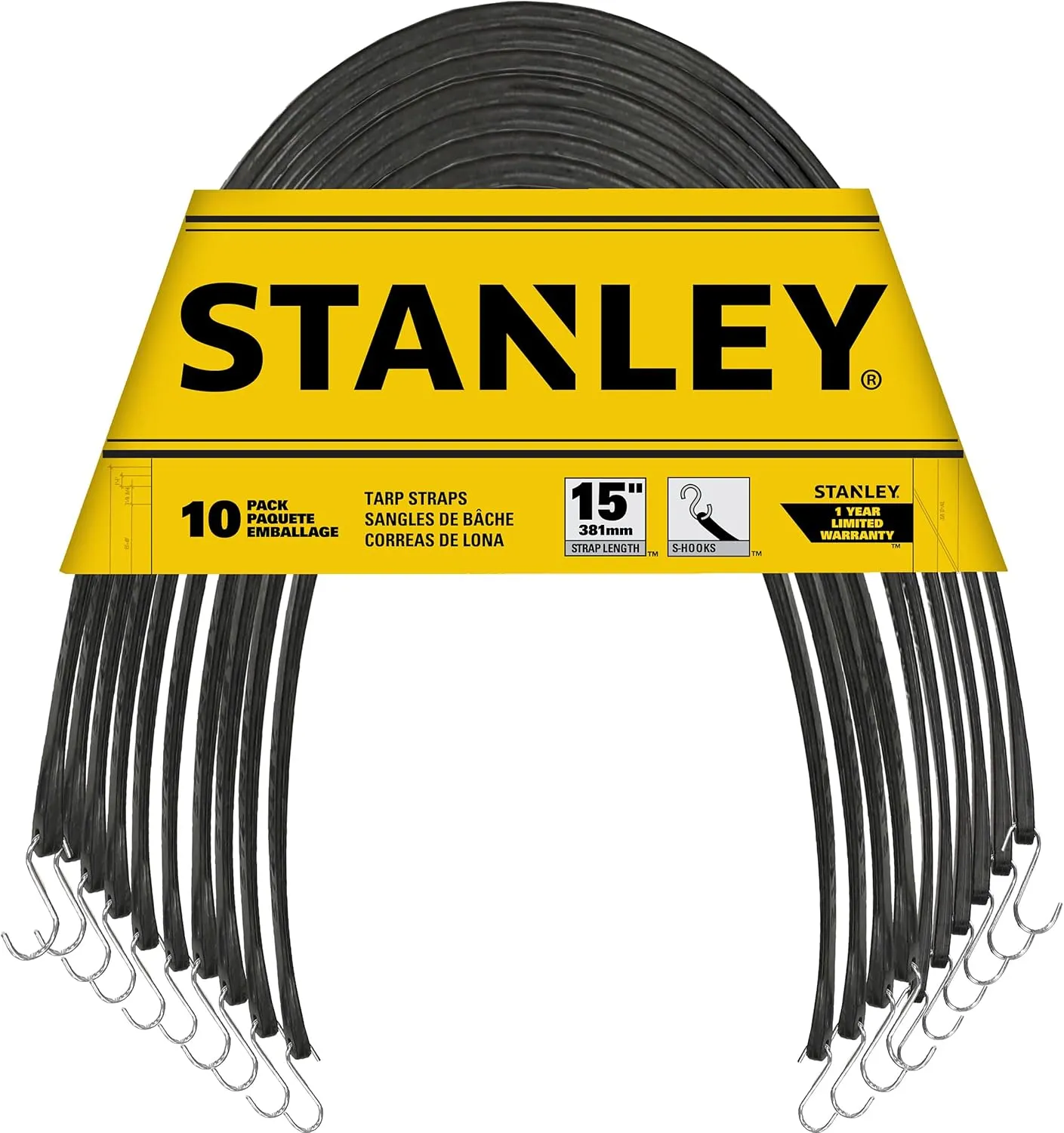 STANLEY S300415 Black 15" All-Weather Rubber Bungee Cords with S-Hooks for Securing Tarps, Flatbed Hauler and Boat Covers, Storage, and Cargo, 10 Pack