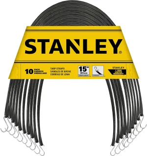 STANLEY S300415 Black 15" All-Weather Rubber Bungee Cords with S-Hooks for Securing Tarps, Flatbed Hauler and Boat Covers, Storage, and Cargo, 10 Pack