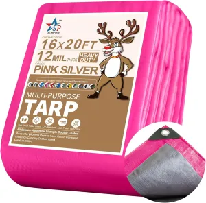 STARPYNG-12 Mil Pink/Silver 16x20 Feet Tarp-Heavy Duty Poly Tarp-Cover,Waterproof, UV Resistant, Weather Resistant, Cover Cars, Boats, Courtyards,Camping