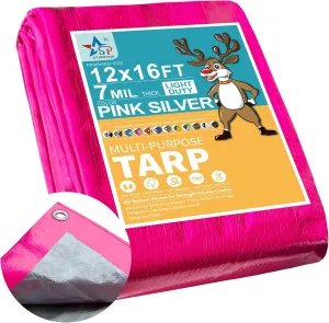 STARPYNG-7 Mil Pink/Silver 12x16 Feet Tarp-Multifunctional Waterproof Tarpaulin-Waterproof, UV Resistant, Rip and Tear Resistant, Poly Tarpaulin with Reinforced Edges for Cover