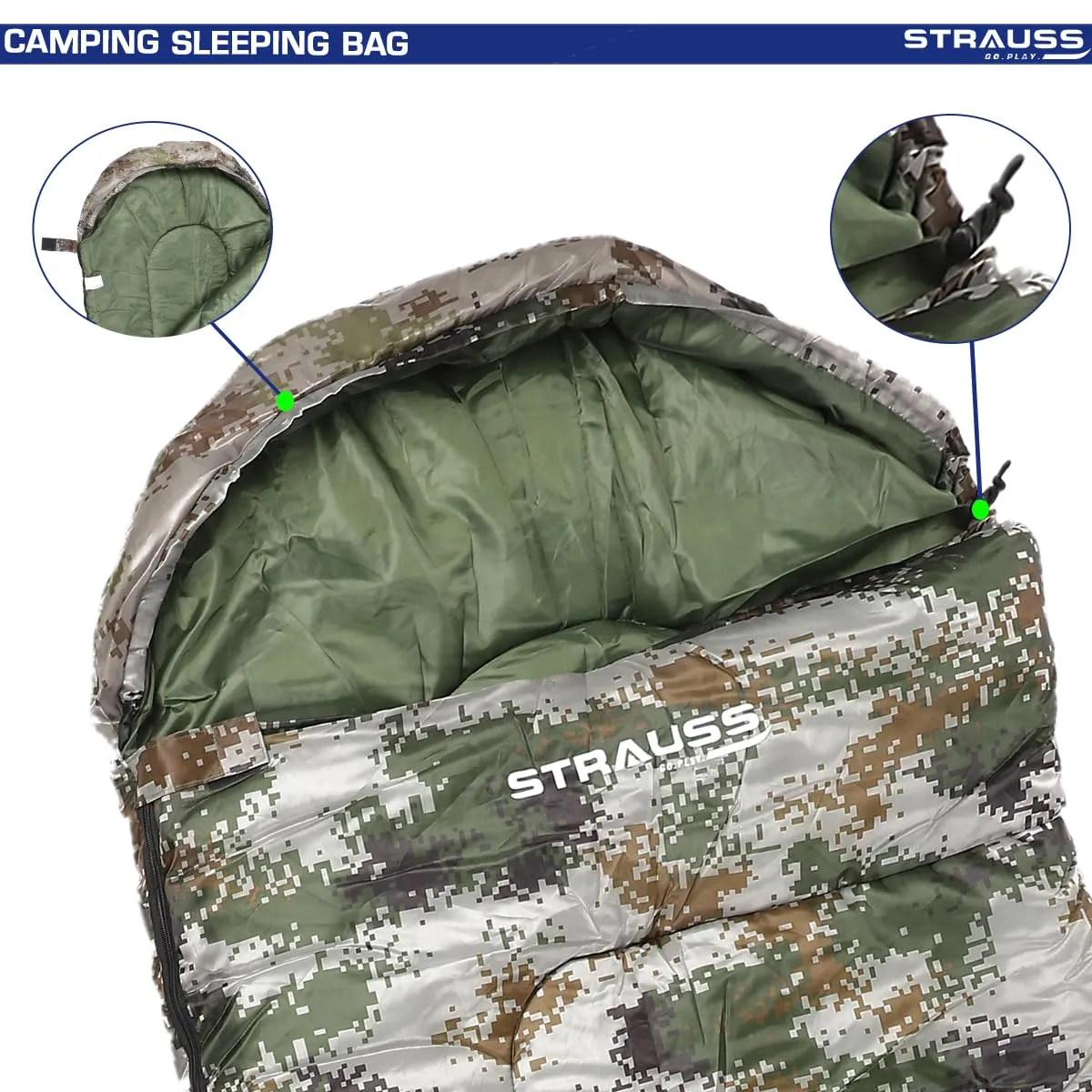 STRAUSS Camping Sleeping Bag: Lightweight All-Season Comfort | Portable Carry Bag | Military Green