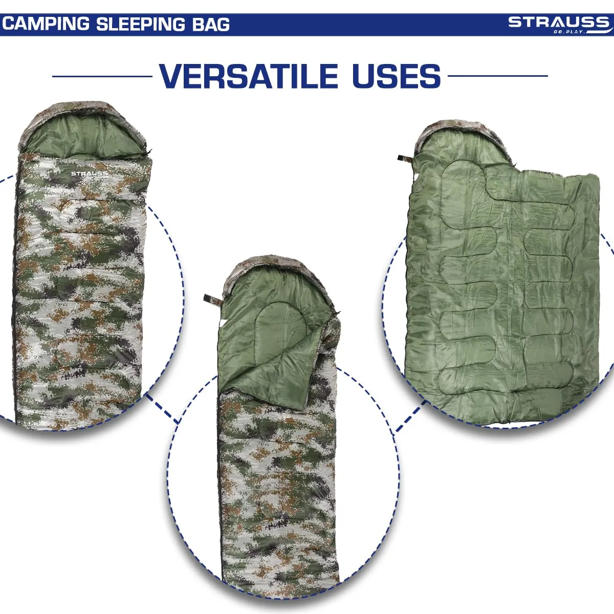 STRAUSS Camping Sleeping Bag: Lightweight All-Season Comfort | Portable Carry Bag | Military Green