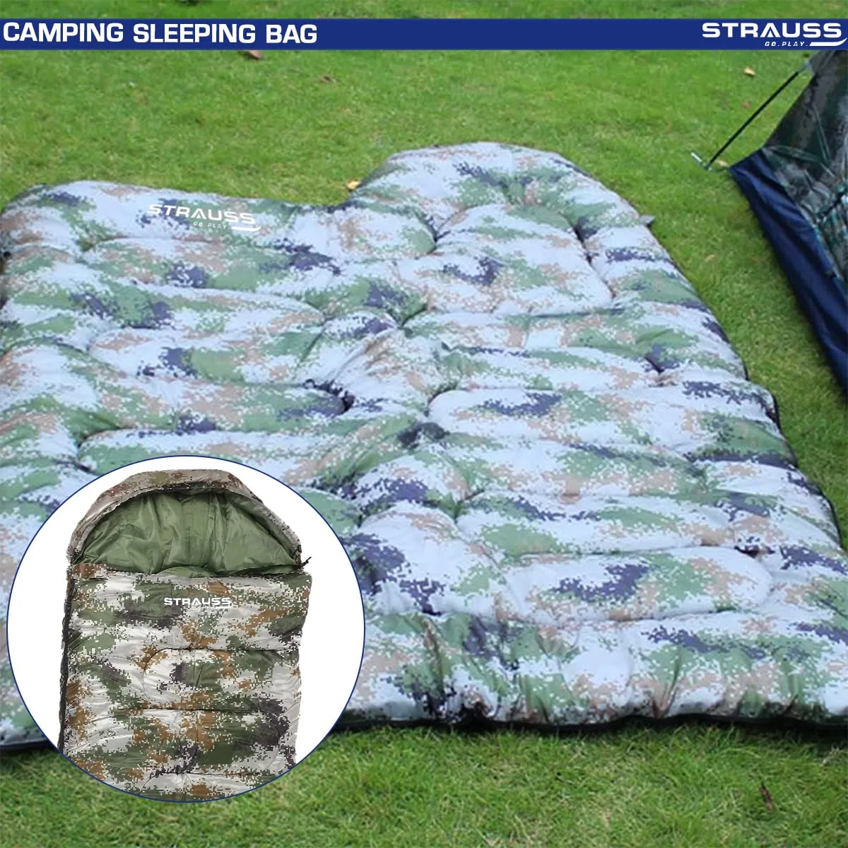 STRAUSS Camping Sleeping Bag: Lightweight All-Season Comfort | Portable Carry Bag | Military Green