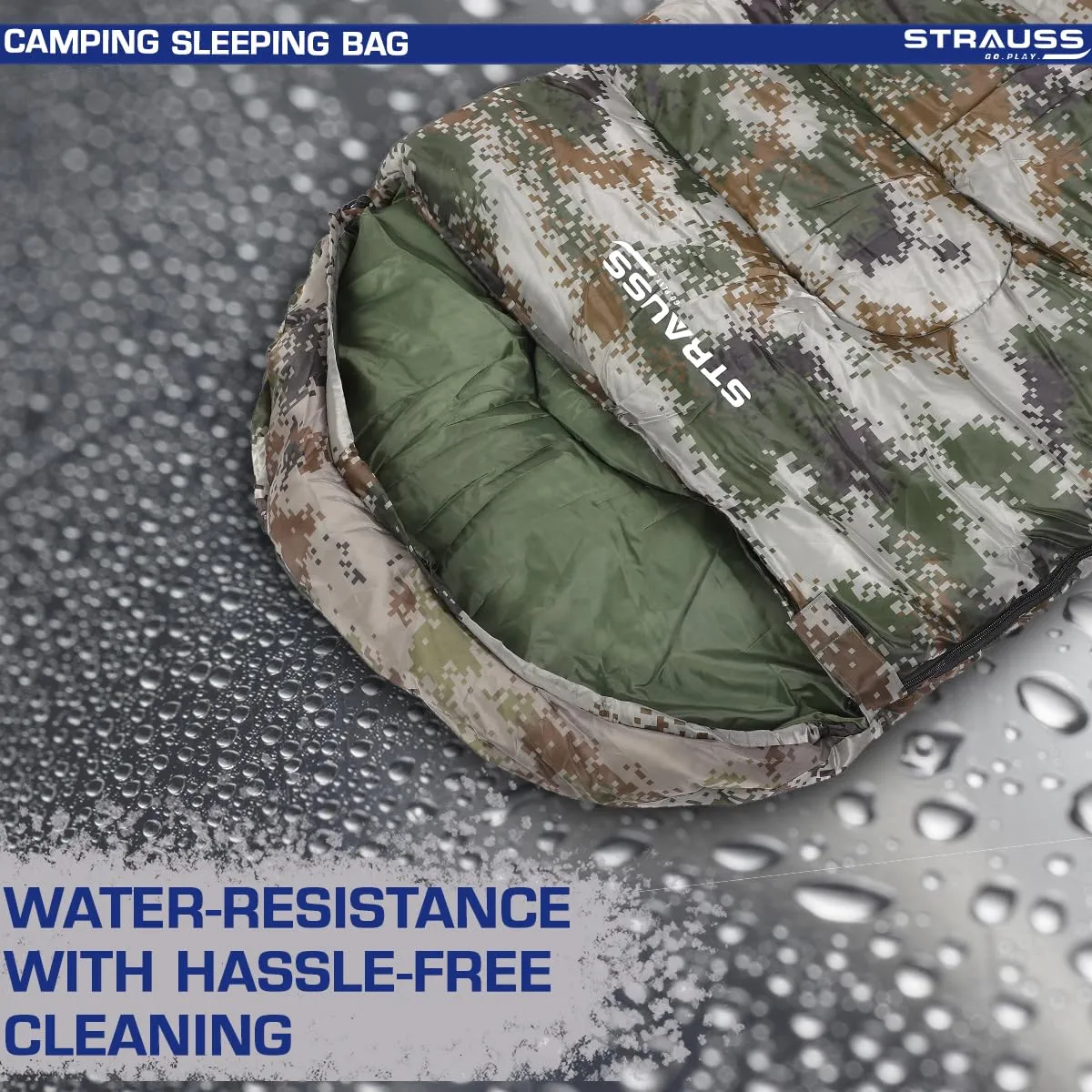 STRAUSS Camping Sleeping Bag: Lightweight All-Season Comfort | Portable Carry Bag | Military Green
