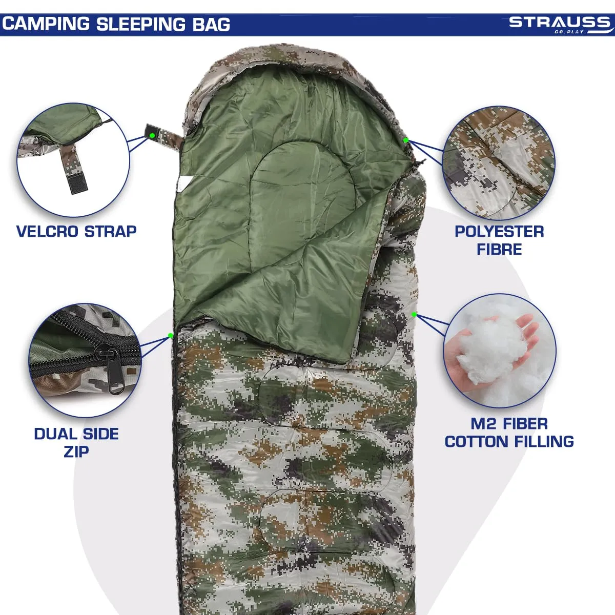STRAUSS Camping Sleeping Bag: Lightweight All-Season Comfort | Portable Carry Bag | Military Green