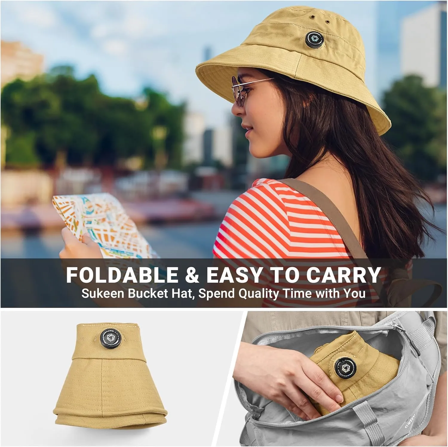 Sukeen Cotton Bucket Hat for Men Women Adjustable Knob Sun Hat UPF 50  Wide Brim Fishing Hat for Walking Daily Outdoor