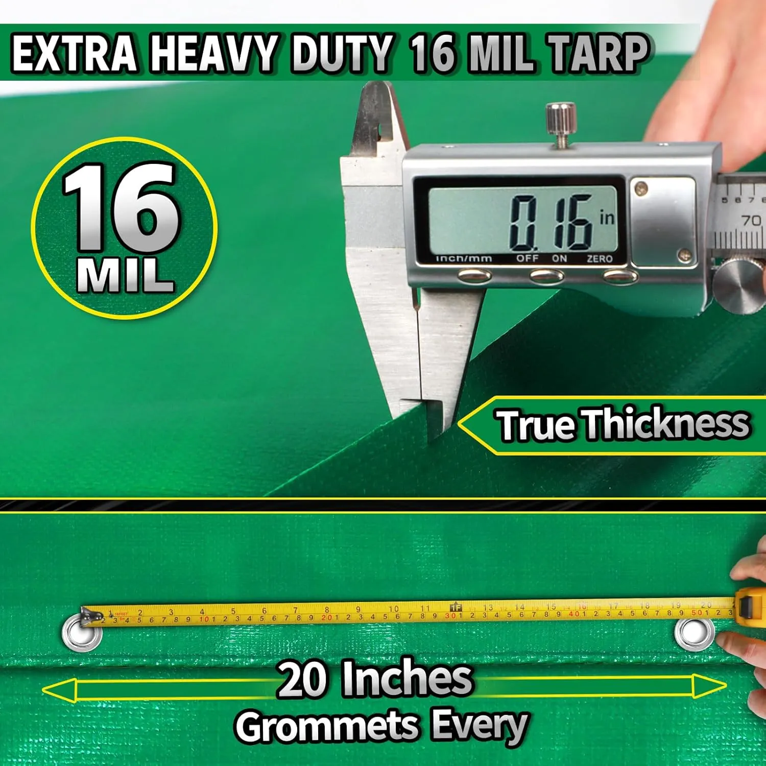 Super Heavy Duty Tarp 12 X 20 Ft, 16 Mil Large Waterproof Tarps, High Durability, UV Resistant, Tear Resistant with Grommets Every 20 Inches for Outdoor (Green)
