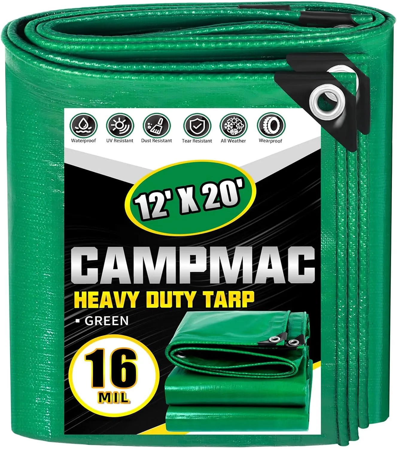 Super Heavy Duty Tarp 12 X 20 Ft, 16 Mil Large Waterproof Tarps, High Durability, UV Resistant, Tear Resistant with Grommets Every 20 Inches for Outdoor (Green)