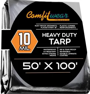Super Heavy Duty Tarp Cover Reinforced Grommet Multi-Purpose Pool Cover Boat Tarp Camping Tarp UV Resistant Waterproof Tarpaulin Canopy Tent Waterproof Tarp Cover (BLACK-SILVER, 50' X 100')
