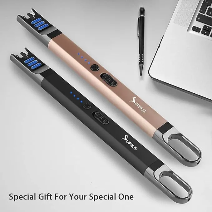 SUPRUS Candle Lighter Electric Arc Lighter Windproof Flameless USB Rechargeable Lighter with LED Light for Candle Camping BBQ Cooking (Black Champagne Gold)