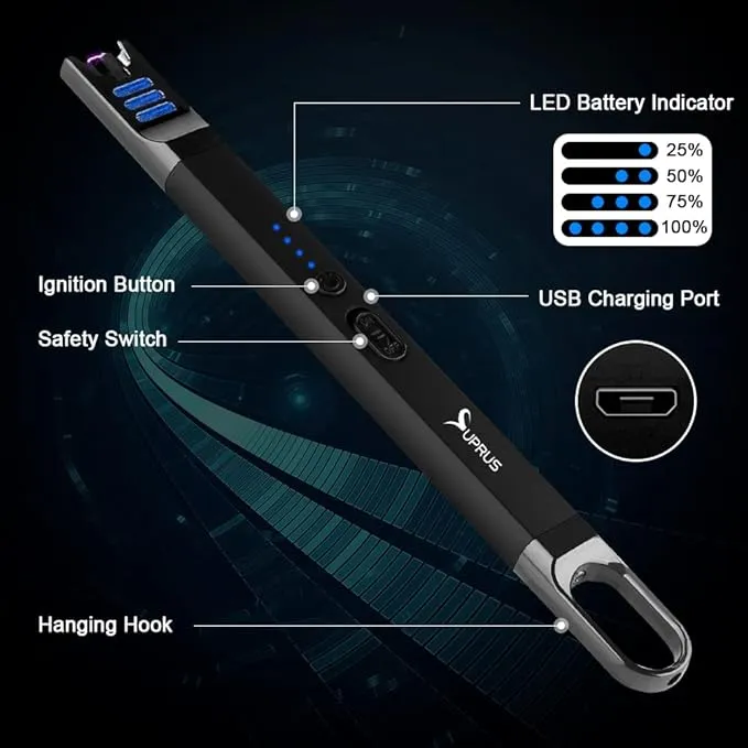 SUPRUS Candle Lighter Electric Arc Lighter Windproof Flameless USB Rechargeable Lighter with LED Light for Candle Camping BBQ Cooking (Black)