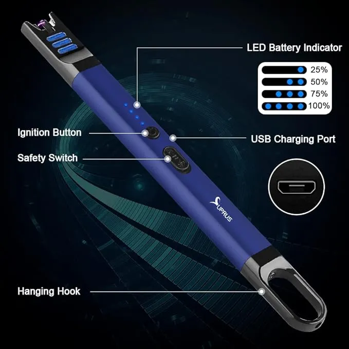 SUPRUS Candle Lighter Electric Arc Lighter Windproof Flameless USB Rechargeable Lighter with LED Light for Candle Camping BBQ Cooking (Blue)