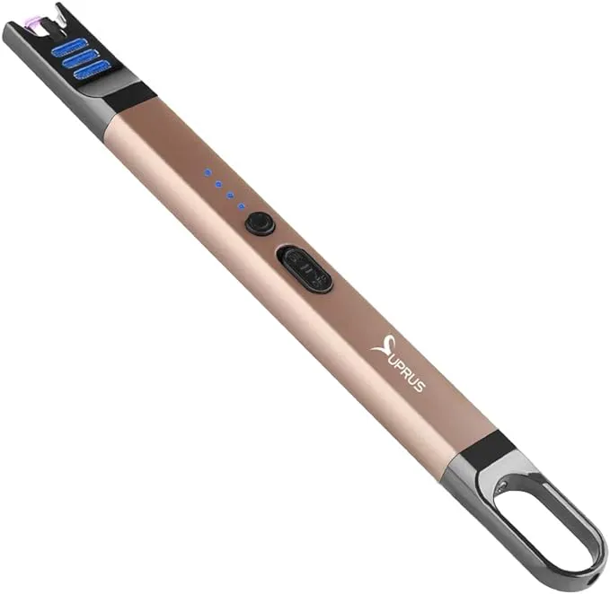 SUPRUS Candle Lighter Electric Arc Lighter Windproof Flameless USB Rechargeable Lighter with LED Light for Candle Camping BBQ Cooking (Champagne Gold)