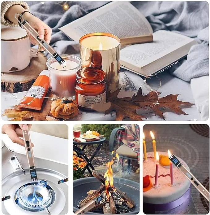 SUPRUS Candle Lighter Electric Arc Lighter Windproof Flameless USB Rechargeable Lighter with LED Light for Candle Camping BBQ Cooking (Champagne Gold)