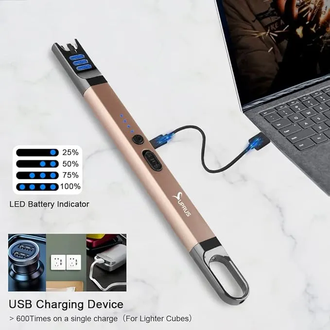 SUPRUS Candle Lighter Electric Arc Lighter Windproof Flameless USB Rechargeable Lighter with LED Light for Candle Camping BBQ Cooking (Champagne Gold)
