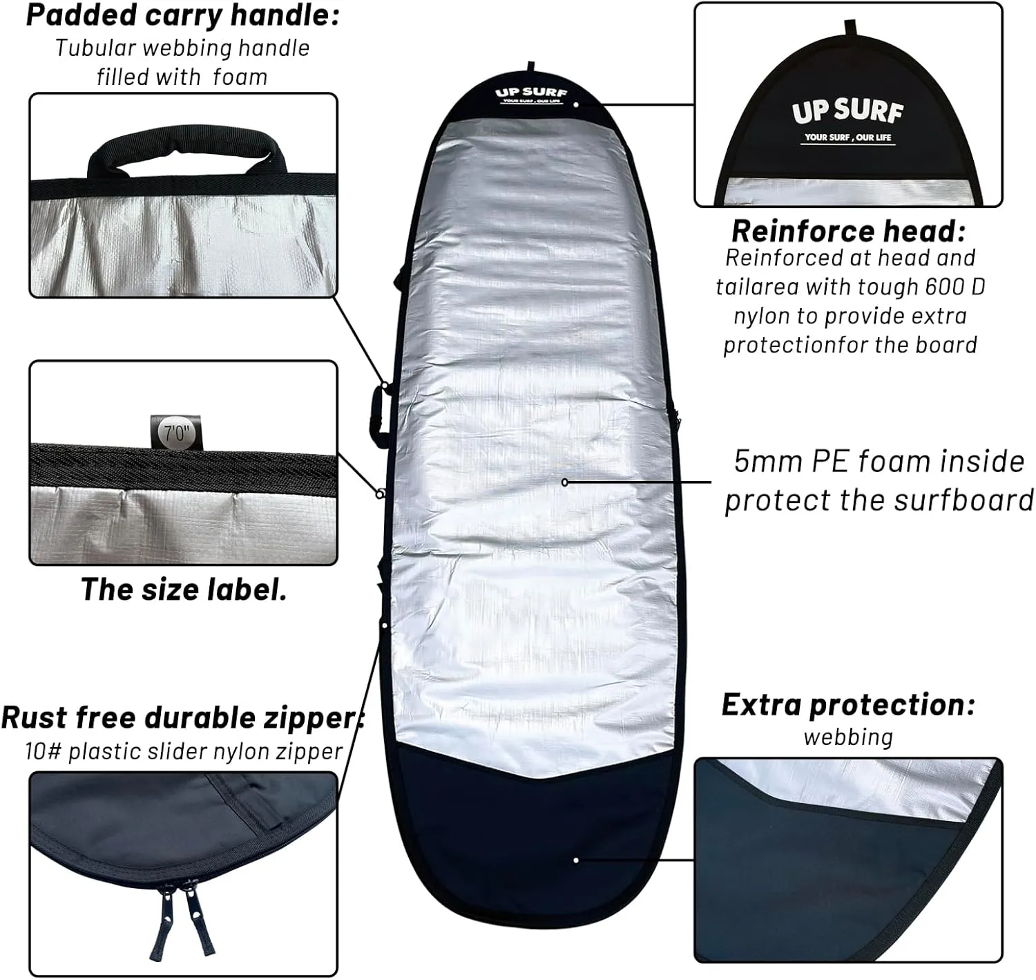 Surfboard bag, Daylight Bags for fun board, Size 7'0", 7'6", 8'0", Surfboard cover for Storage and Transport Surfboard