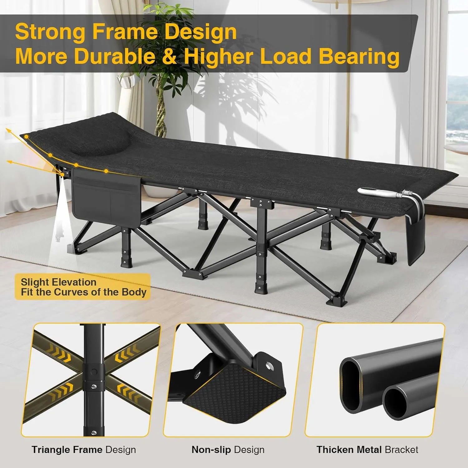 Suteck Heated Camping Cot, Folding Camping Cot Bed for Adults Sleeping Portable Folding Outdoor Cots for Camping W/Build-in Soft Cotton Pad and Carry Bag for Home Office Nap Beach Travel, 500LBS