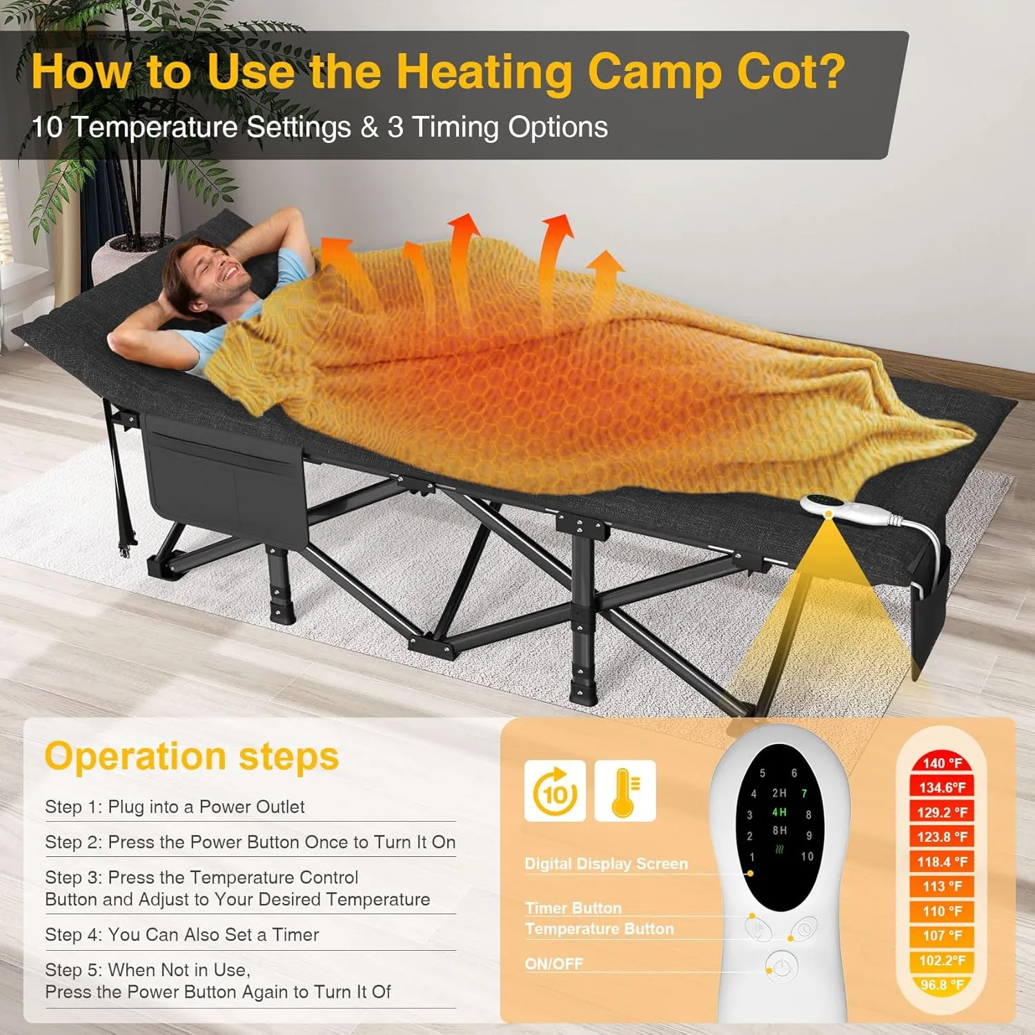 Suteck Heated Camping Cot, Folding Camping Cot Bed for Adults Sleeping Portable Folding Outdoor Cots for Camping W/Build-in Soft Cotton Pad and Carry Bag for Home Office Nap Beach Travel, 500LBS
