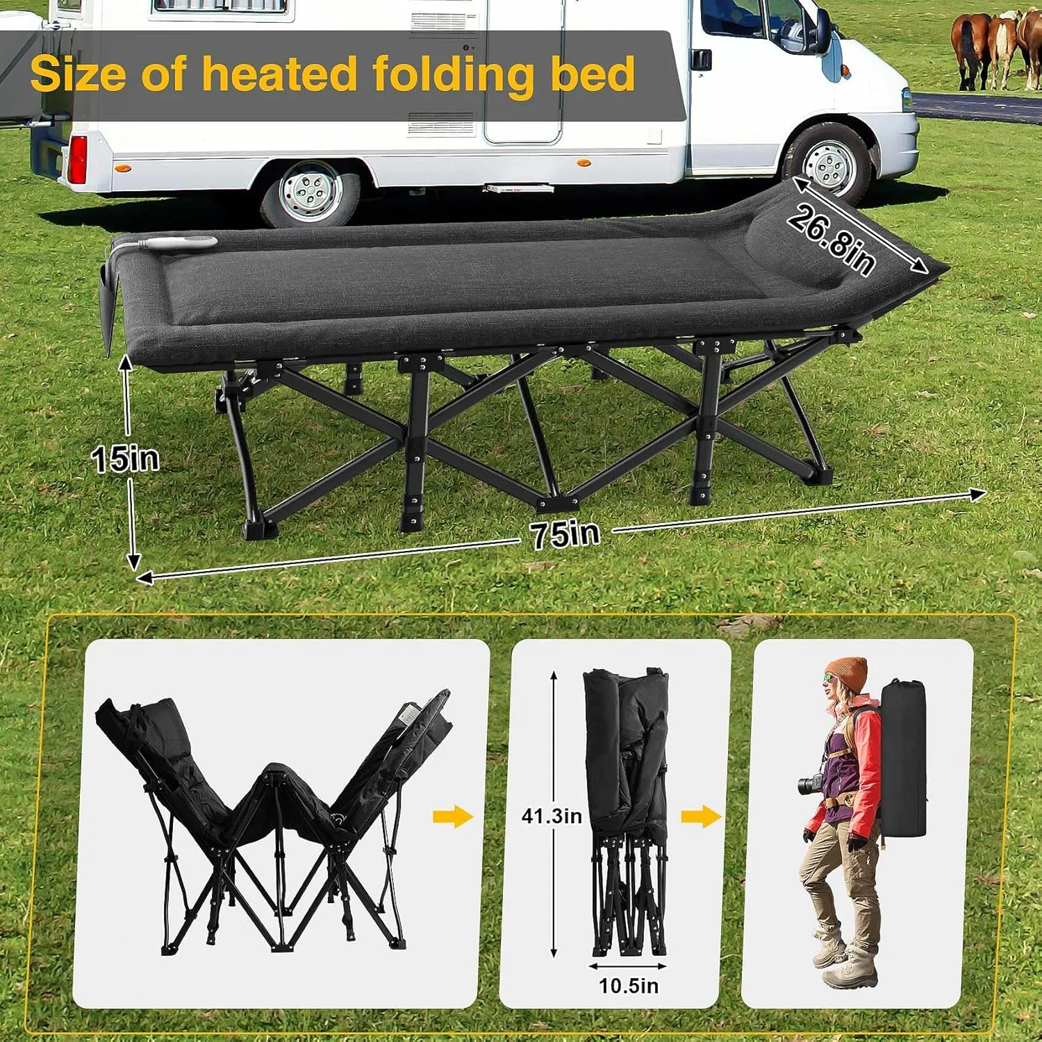 Suteck Heated Camping Cot, Folding Camping Cot Bed for Adults Sleeping Portable Folding Outdoor Cots for Camping W/Build-in Soft Cotton Pad and Carry Bag for Home Office Nap Beach Travel, 500LBS