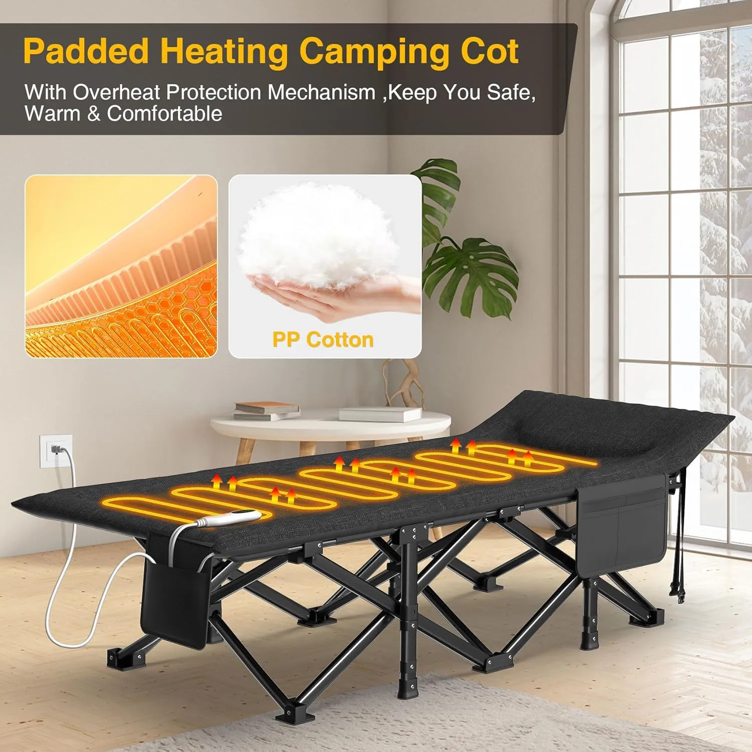 Suteck Heated Camping Cot, Folding Camping Cot Bed for Adults Sleeping Portable Folding Outdoor Cots for Camping W/Build-in Soft Cotton Pad and Carry Bag for Home Office Nap Beach Travel, 500LBS