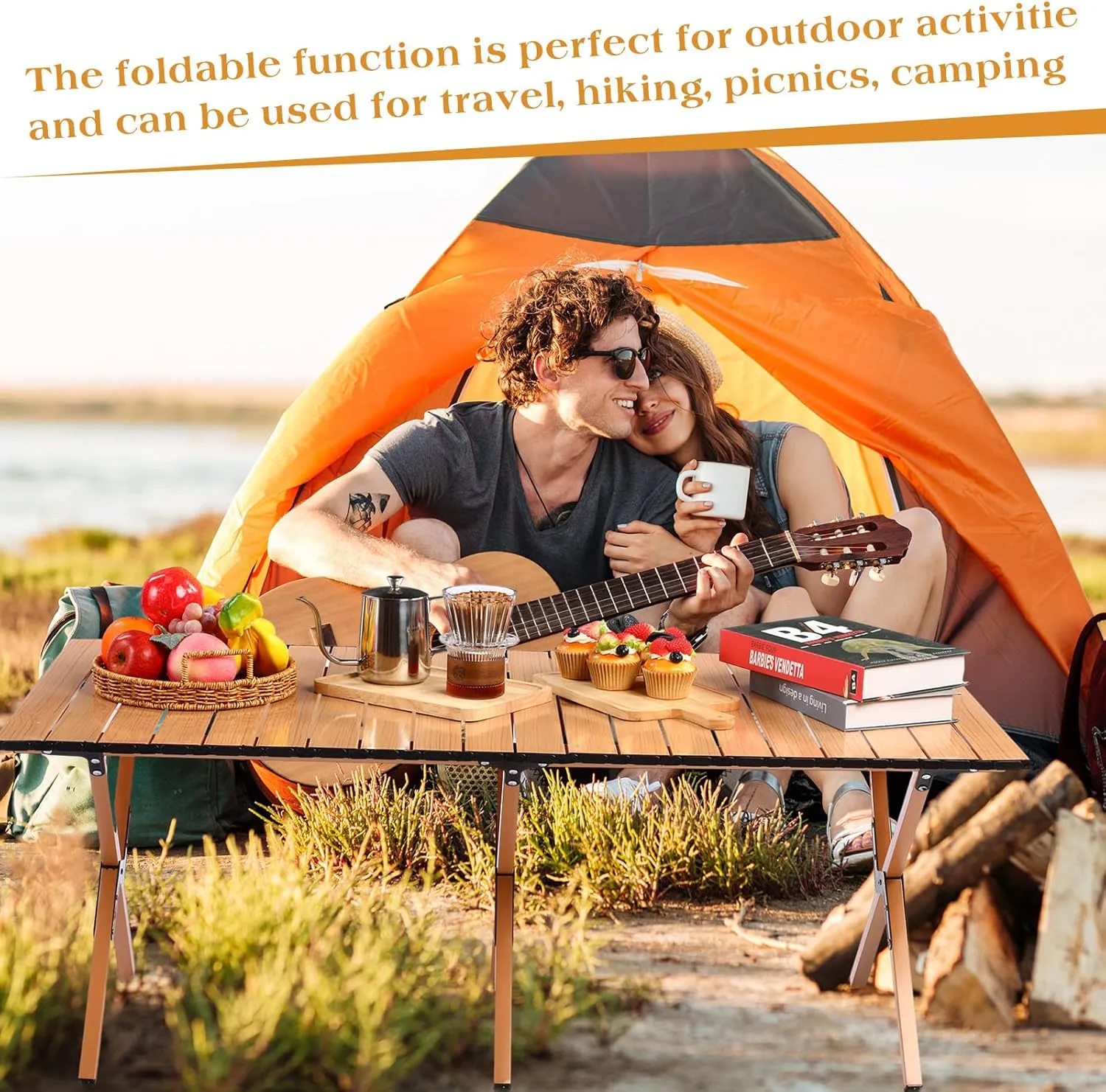 Suzile 2 Pack Foldable Low Picnic Table 4 ft Portable Lightweight Camping Table Fold Up Collapsible Roll up Metal Camp with Carry Bag for Party Patio Garden Outside Outdoor Beach(Yellow Wood Color)