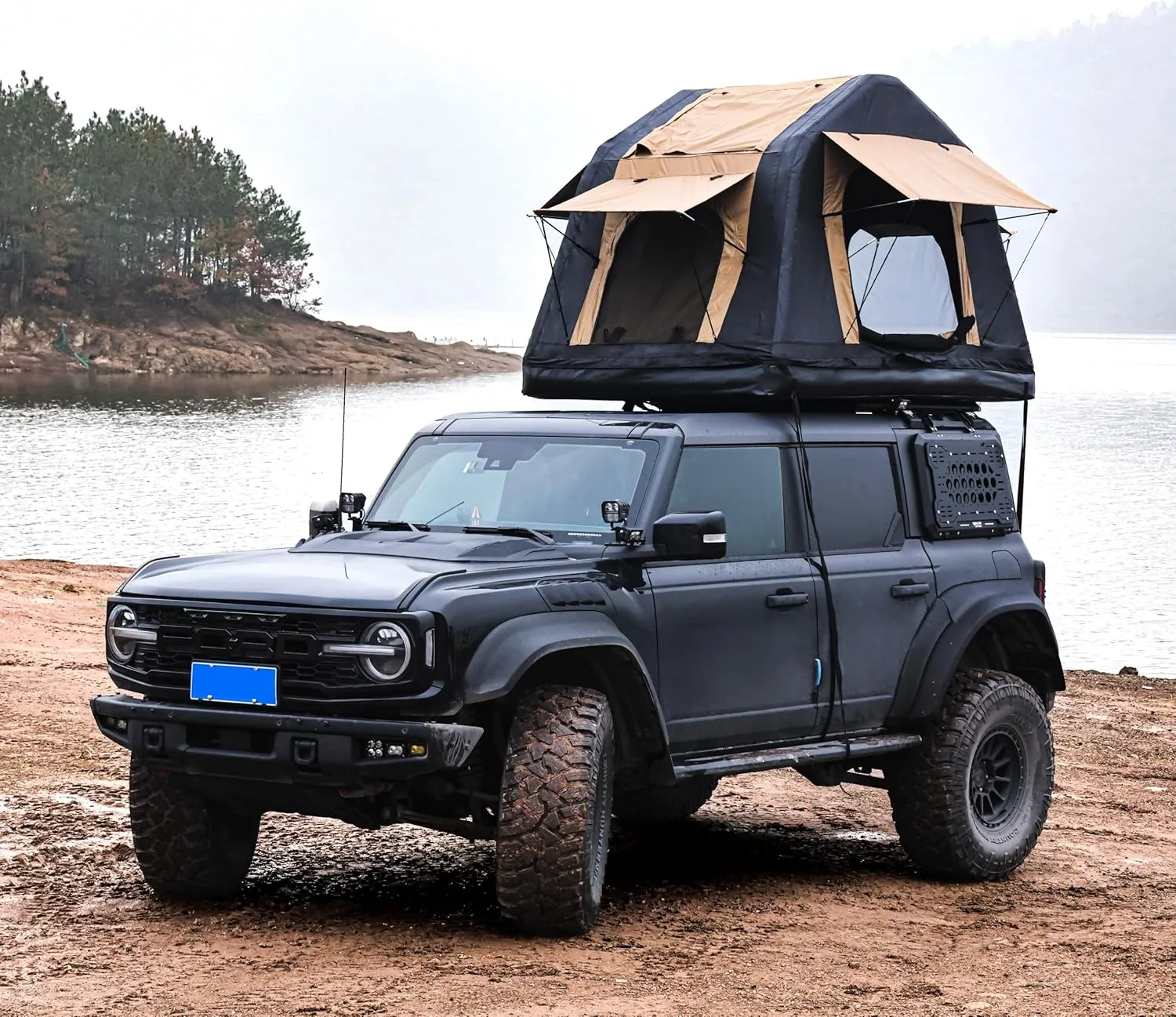 SVRCK Quick Setup with Inflatable Roof Top Tent for Camping, Elevated Design, Includes Ladder, Khaki & Black