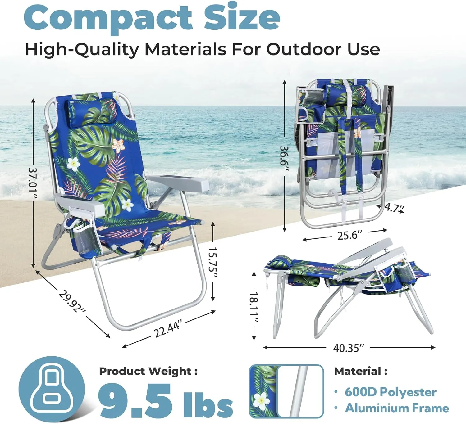Tall Beach Chairs for Adults – 5-Position Reclining Backpack Chair with Large Insulated Cooler & Storage Pocket, Portable Beach Chair for Travel & Outdoor, Supports 300lbs,Tropical Palm, 2 Pack