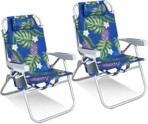 Tall Beach Chairs for Adults – 5-Position Reclining Backpack Chair with Large Insulated Cooler & Storage Pocket, Portable Beach Chair for Travel & Outdoor, Supports 300lbs,Tropical Palm, 2 Pack