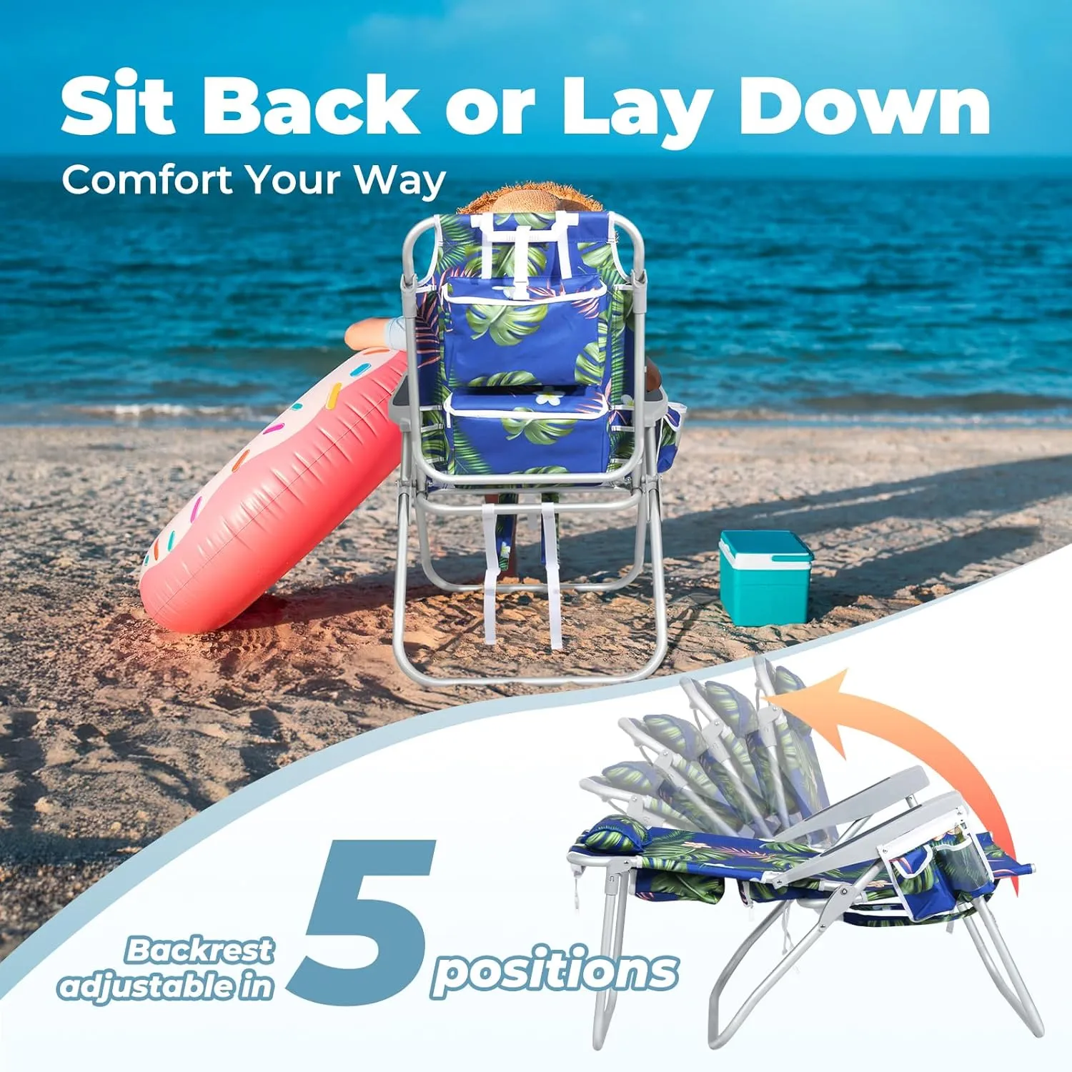Tall Beach Chairs for Adults – 5-Position Reclining Backpack Chair with Large Insulated Cooler & Storage Pocket, Portable Beach Chair for Travel & Outdoor, Supports 300lbs,Tropical Palm, 2 Pack