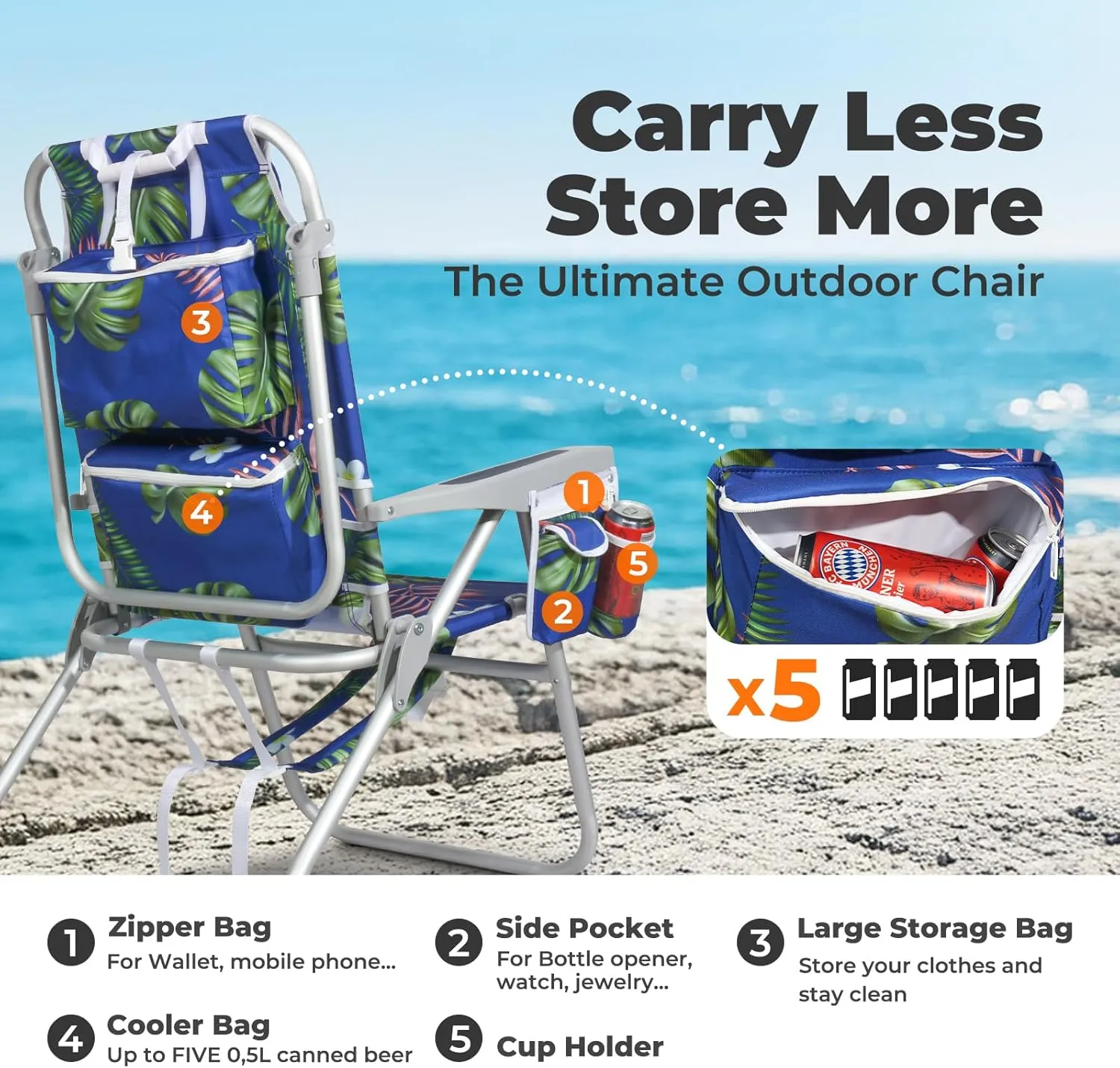 Tall Beach Chairs for Adults – 5-Position Reclining Backpack Chair with Large Insulated Cooler & Storage Pocket, Portable Beach Chair for Travel & Outdoor, Supports 300lbs,Tropical Palm, 2 Pack