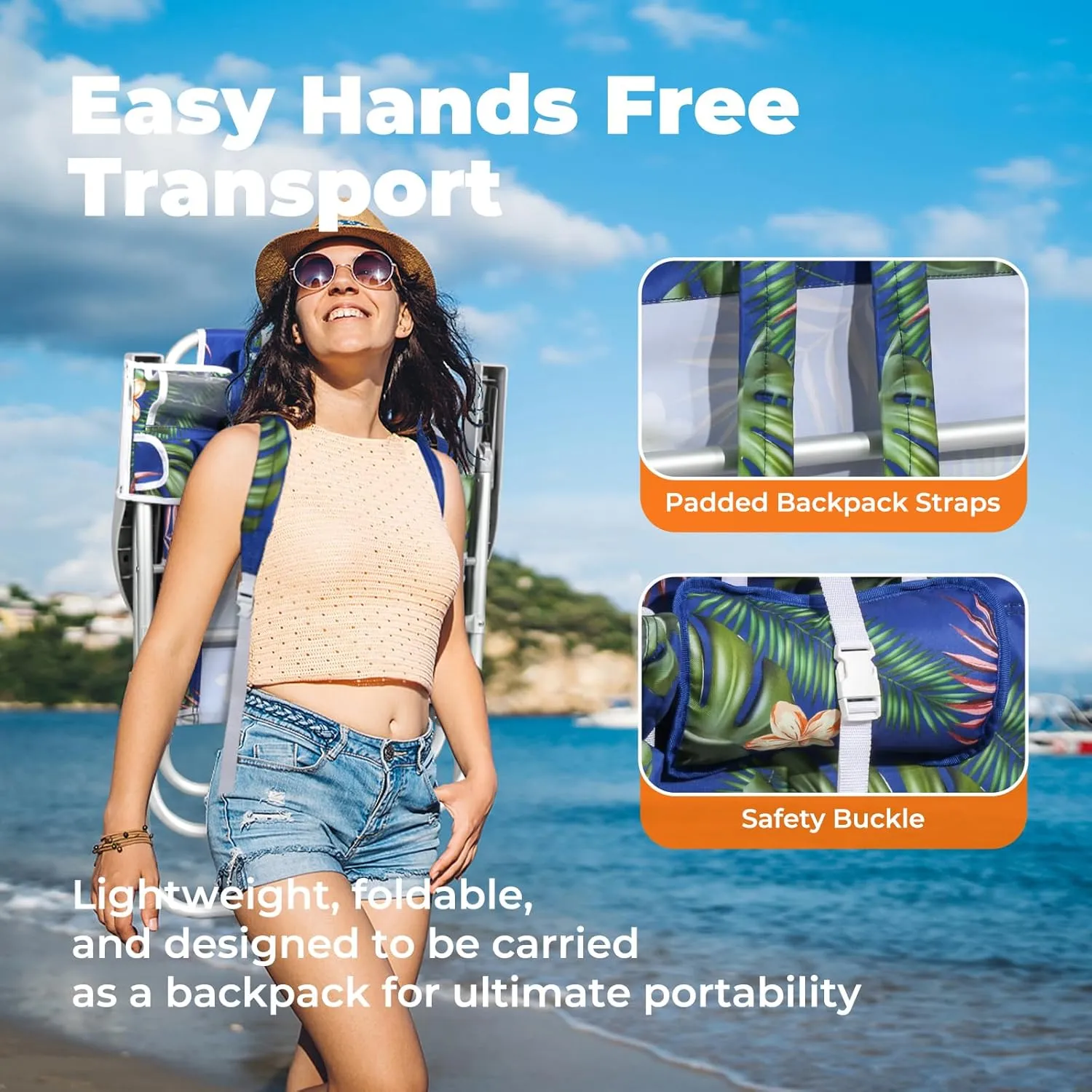 Tall Beach Chairs for Adults – 5-Position Reclining Backpack Chair with Large Insulated Cooler & Storage Pocket, Portable Beach Chair for Travel & Outdoor, Supports 300lbs,Tropical Palm, 2 Pack